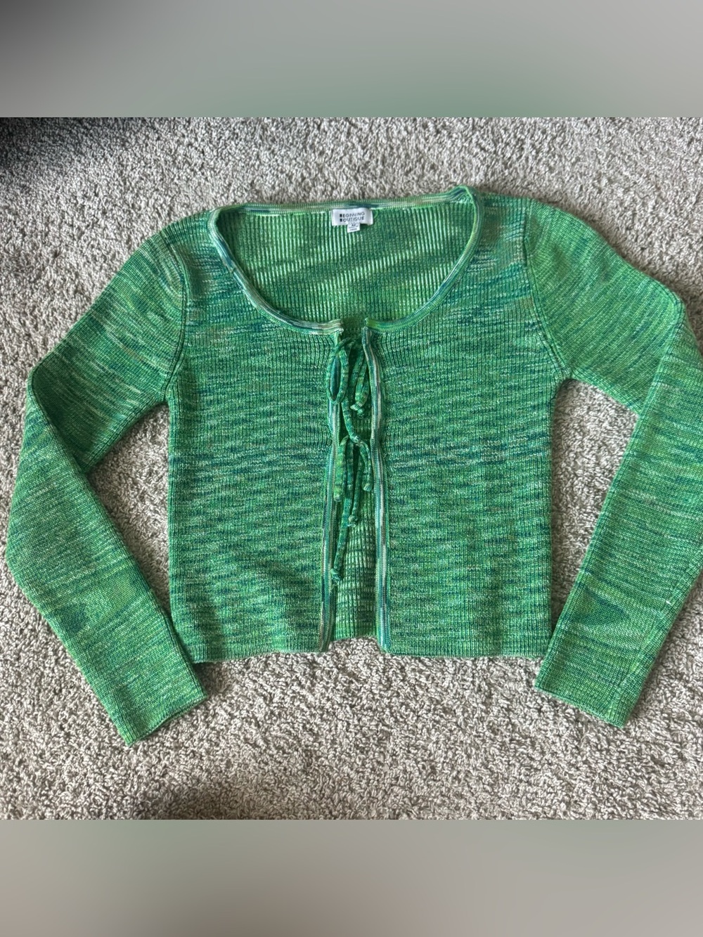 Beginning Boutique Green Tie-Front Knit Cardigan Size Medium
